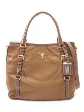 Prada Handbag Tessuto Vitello Daino Brown Nylon Leather 2-Way Tote